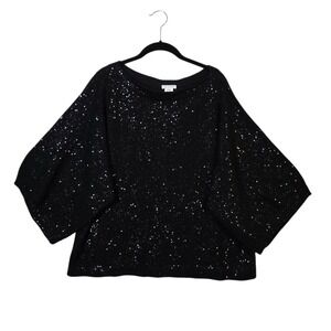 Oscar De La Renta Sweater Women's XL Black Sequined 3/4 Kimono Sleeve Boat Neck